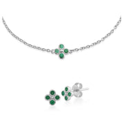 Bracelet et Boucles d'Oreilles Clou Trèfle Floral Argent 925 Emeraude Ronde