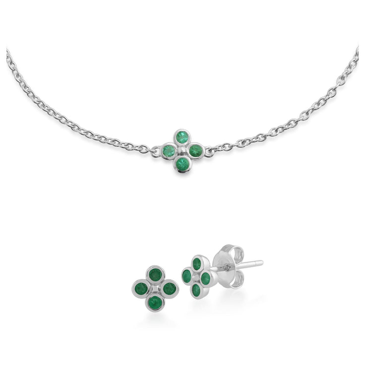 Bracelet et Boucles d'Oreilles Clou Trèfle Floral Argent 925 Emeraude Ronde