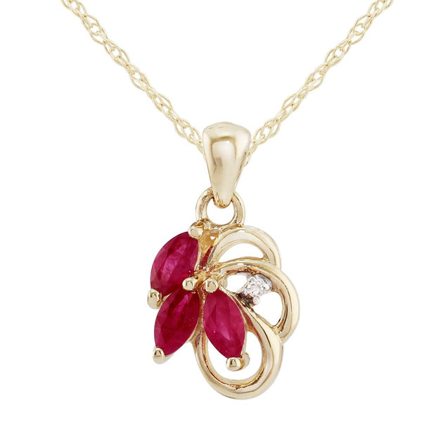 Pendentif Floral Or Jaune 375 Rubis et Diamant