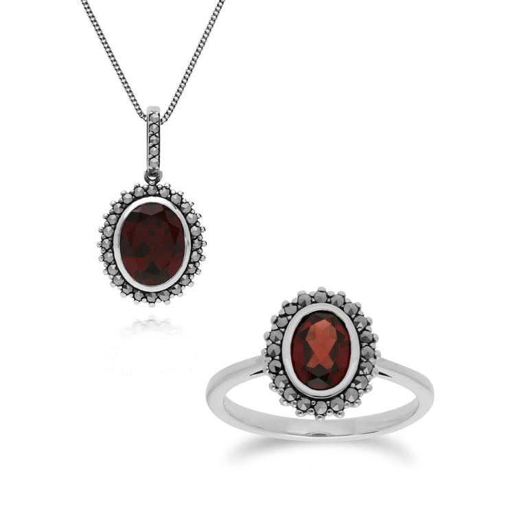 Bague et Pendentif Style Art Déco Argent 925 Grenat Oval et Marcassite Halo