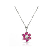 Pendentif et Boucles d'Oreilles Clou Floral Or Blanc 375 Rubis et Diamant Cluster