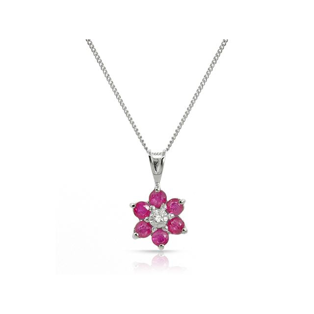 Pendentif et Boucles d'Oreilles Clou Floral Or Blanc 375 Rubis et Diamant Cluster