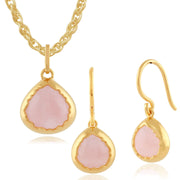 Pendentif et Boucles d'Oreilles Pendantes Boho Argent 925 Plaqué Or Jaune Quartz Rose Poire serti Clos