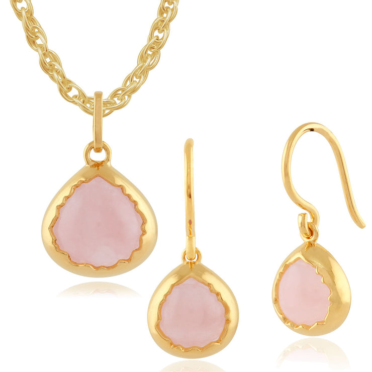 Pendentif et Boucles d'Oreilles Pendantes Boho Argent 925 Plaqué Or Jaune Quartz Rose Poire serti Clos