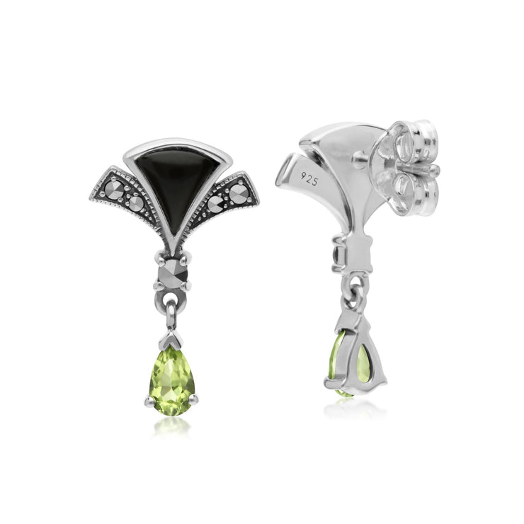s Argent Sterling Poire Péridot, Onyx Noir et Marcassite Éventail Boucles D'Oreilles Goutte