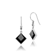 Collier et Boucles d'Oreilles Pendantes Carrée Style Art Déco Argent 925 Onyx Noire Cabochon et Marcassite