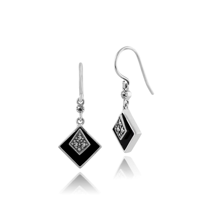 Collier et Boucles d'Oreilles Pendantes Carrée Style Art Déco Argent 925 Onyx Noire Cabochon et Marcassite