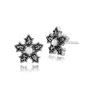 Boucles d'Oreilles Clou Floral Argent 925 Perles de Culture et Marcassite