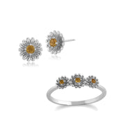 Bague et Boucles d'Oreilles Clou Marguerite Style Floral Argent 925 Citrine Ronde
