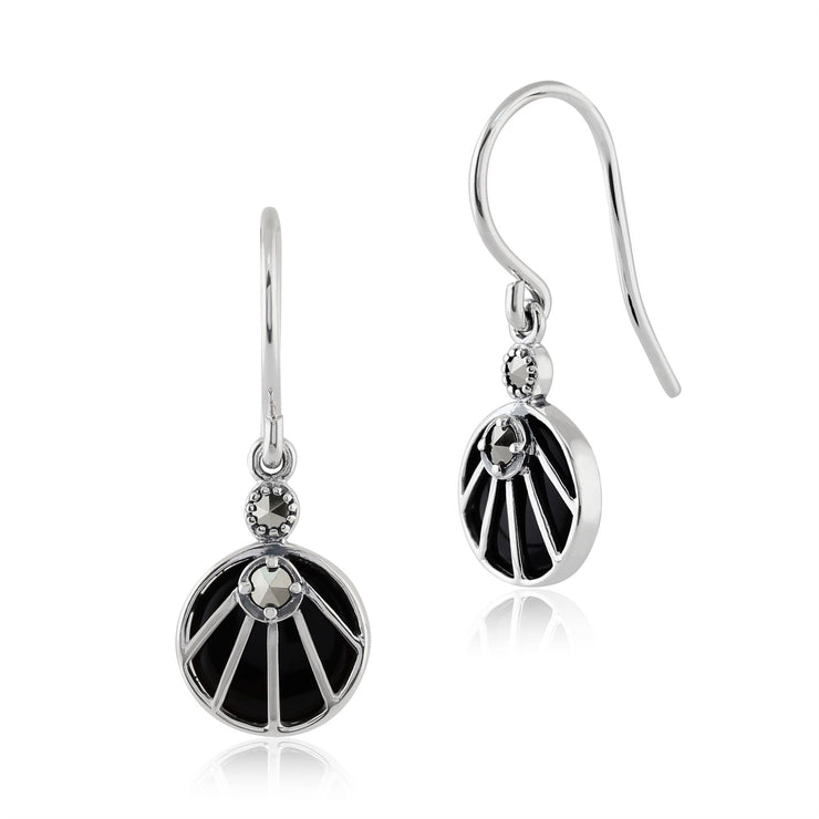 Boucles d'Oreilles Pendantes Style Art Déco Argent 925 Onyx Noir Cabochon et Marcassite