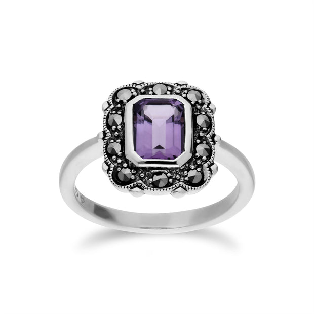 Gemondo Bague Amethyste, Argent Sterling Améthyste & Marcassite Octogone Art Nouveau Bague - Améthyste