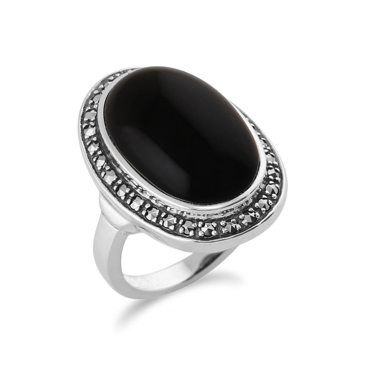 Gemondo Onyx Étincelant Bague Marcassite en Argent Massif 925