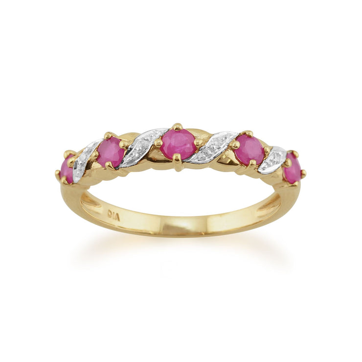 Bague Demi Eternité et Pendentif Torsadés Or Jaune 375 Rubis et Diamant