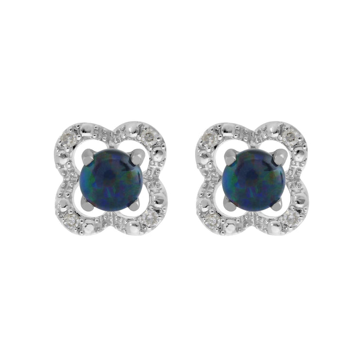 Boucles d'Oreilles Clou Opale Triplet Classique Or Blanc 375 et Ear-Jacket Fleur Diamant