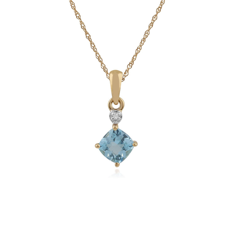 Pendentif Classique Or Jaune 375 Topaze Bleue Carrée et Diamant