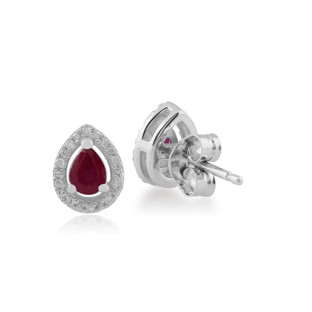 Boucles d'Oreilles Clou Classique Or Blanc 375 Rubis Poire et Diamant Halo