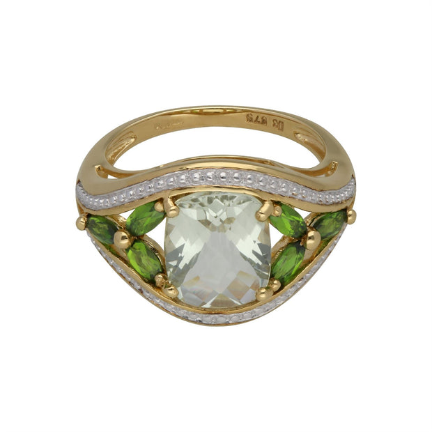 Bague Kosmos Or Jaune 375 Quartz vert et Chrome Diopside