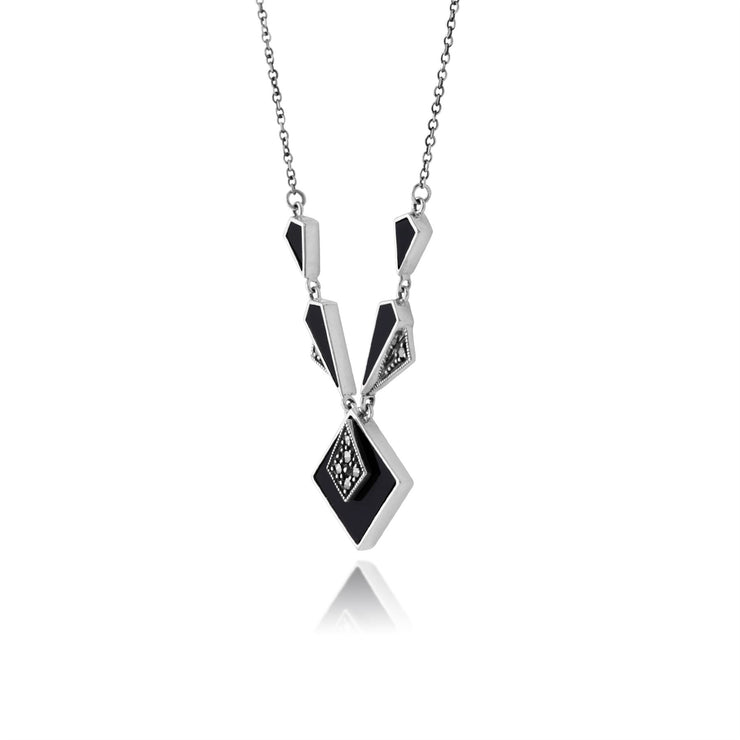Collier et Boucles d'Oreilles Pendantes Carrée Style Art Déco Argent 925 Onyx Noire Cabochon et Marcassite