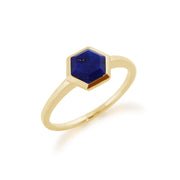 Bague Géométrique Argent Plaqué Or Lapis Lazuli Prisme Hexagonal