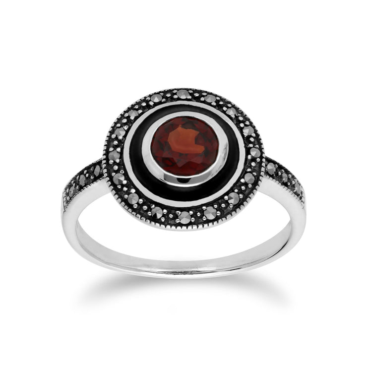 Gemondo Bague Grenat, Argent Marcassite & Grenat &Émail Noir Anneau - Grenat