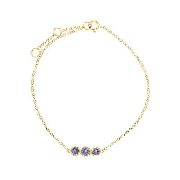 Tanzanite Bracelet, 9 CT or Jaune Grenade Triple Stone Round Milgrain 19cm Bracelet