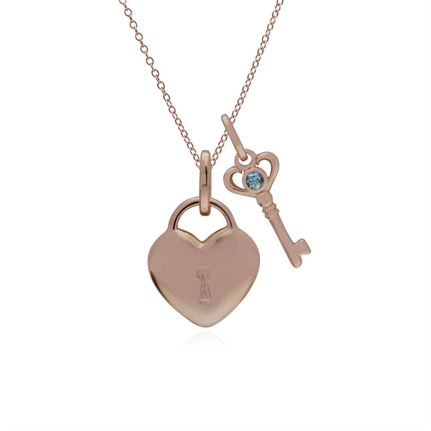 Pendentif Classique Cadenas Cœur Argent 925 Plaqué Or Rose et Charms Clé Topaze Bleue