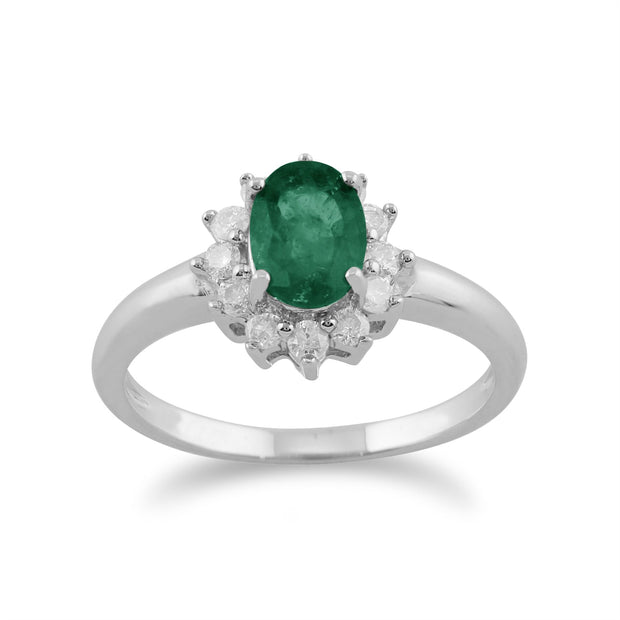 Bague Classique Or Blanc 375 Emeraude Poire et Diamand halo