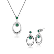 Pendentif et Boucles d'Oreilles Pendantes Classique Argent 925 Emeraude Ovale Halo serti Clos