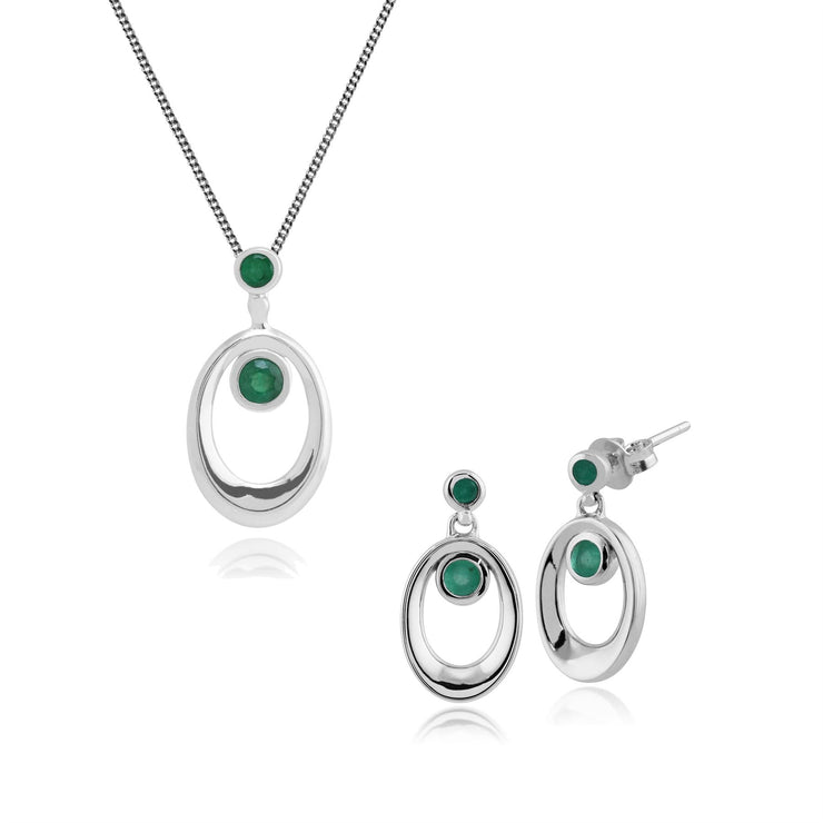 Pendentif et Boucles d'Oreilles Pendantes Classique Argent 925 Emeraude Ovale Halo serti Clos