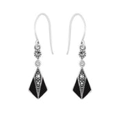 Pendentif et Boucles d'Oreilles Pendantes Eventail Style Art Déco Argent 925 marcassite Rond et Email Noir