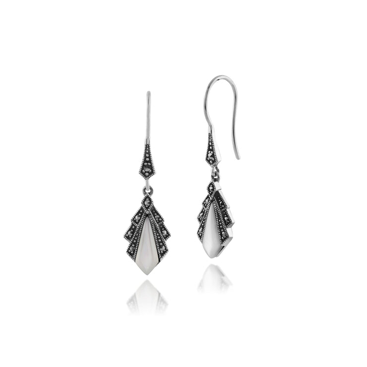 Collier et Boucles d'Oreilles Eventail Pendantes Style Art Déco Argent 925 Nacre et Marcassite