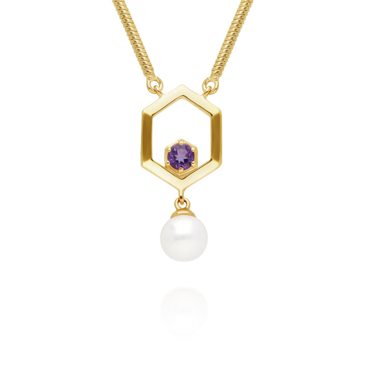Collier Perle Moderne Hexagone Argent 925 Plaqué Or perle et Améthyste