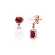 Boucles d'Oreilles Asymétrique Perle Moderne Argent 925 Doré à l'Or Rose Rubis et Perle Ronde