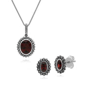 Pendentif et Boucles d'Oreilles Clou Style Art Déco Argent 925 Grenat Oval et Marcassite Halo