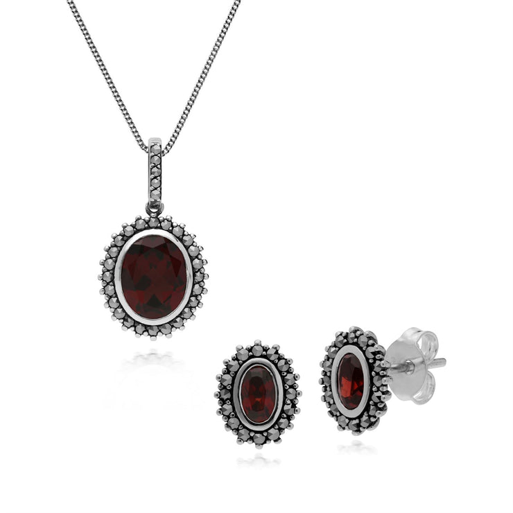 Pendentif et Boucles d'Oreilles Clou Style Art Déco Argent 925 Grenat Oval et Marcassite Halo