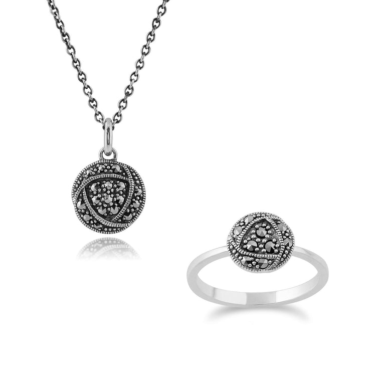 Bague et Pendentif Porte-Photo Style Rennie Mackintosh Argent 925 Rose de Glasgow marcassite Ronde
