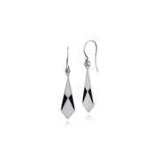 Pendentif et Boucles d'Oreilles Pendantes Eventail Style Art Déco Argent 925 Email Noir et Blanc