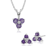Boucles d'Oreilles Clou et Pendentif Floral Or Blanc 375 Tanzanite et Diamant