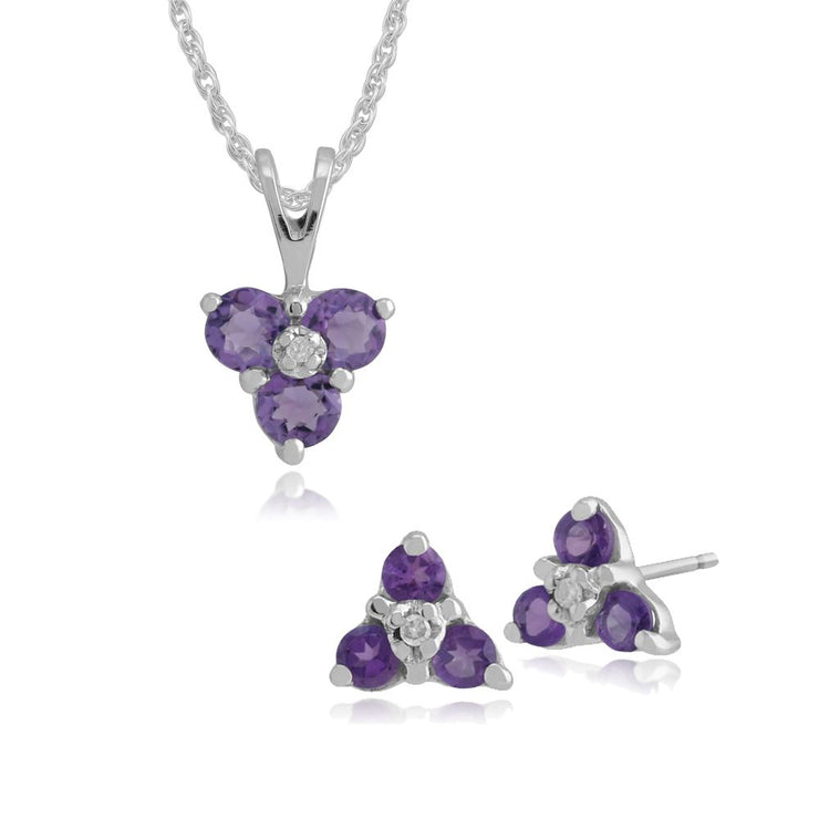 Boucles d'Oreilles Clou et Pendentif Floral Or Blanc 375 Tanzanite et Diamant