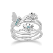 Set de Trois Bagues Empilables Floral Or Blanc 375 Topaze Bleue et Diamant Papillion et Fleurs