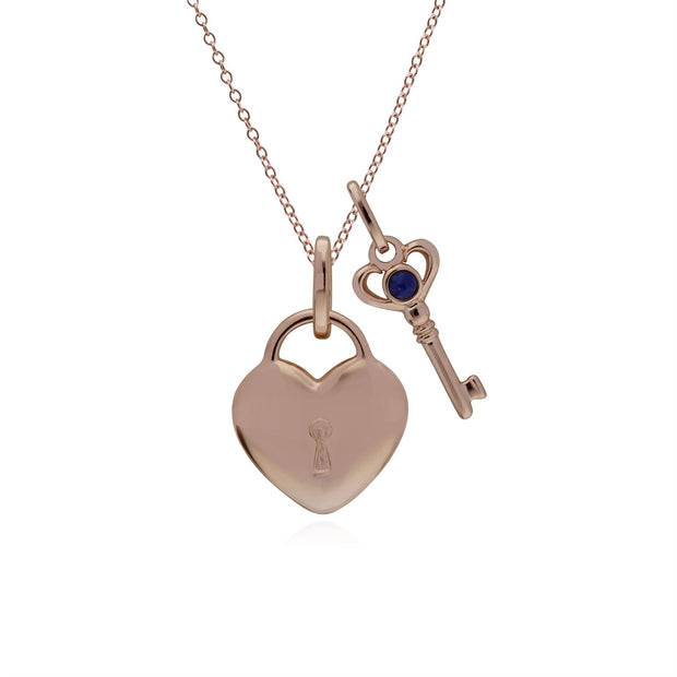 Pendentif Classique Cadenas Cœur Argent 925 Plaqué Or Rose et Charms Clé Lapis Lazuli