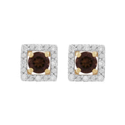 Boucles d'Oreilles Clou Quartz Fumé Classique Or Jaune 375 et Ear-Jacket Carré Diamant