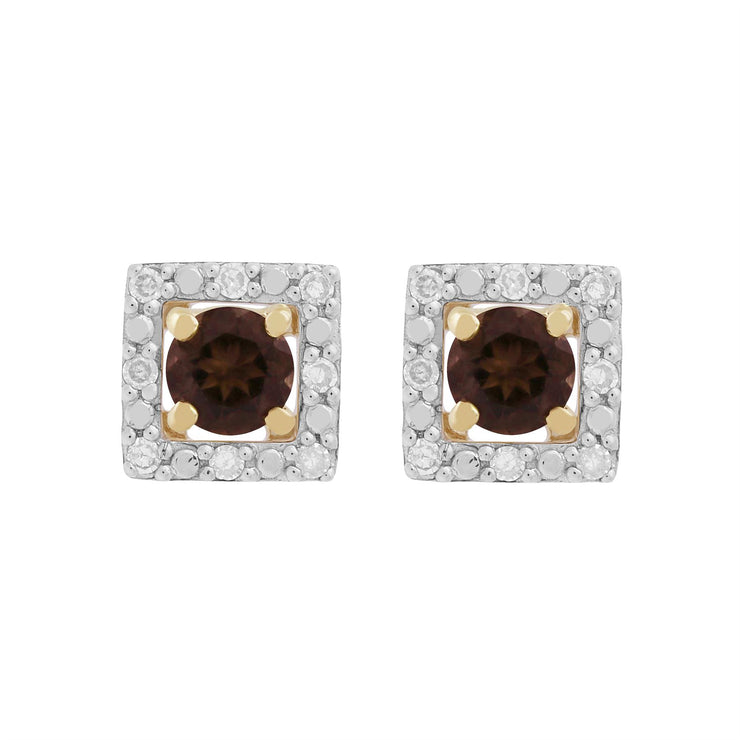 Boucles d'Oreilles Clou Quartz Fumé Classique Or Jaune 375 et Ear-Jacket Carré Diamant