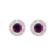 Boucles d'Oreilles Clou Améthyste Classique Or Rose 375 et Ear-Jacket Rond Diamant