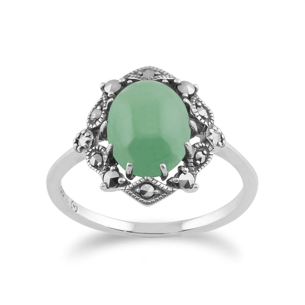 Gemondo 925 Argent Art Nouveau Vintage Inspiré Jade Vert & Marcassite Bague