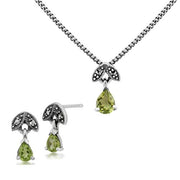 Collier et Boucles d'Oreilles Feuille Style Art Déco Argent 925 Péridot Poire et Marcassite