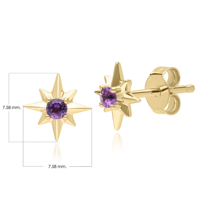 Boucles d'Oreilles Clou Etoile Night Sky en Or Jaune 9 Carats avec Améthyste