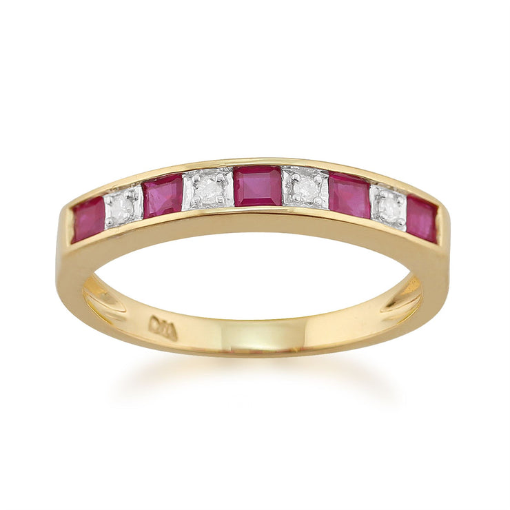 9 Ct Or Jaune 0.44 CT NATUREL RUBIS & Diamant Bague mi-éternité