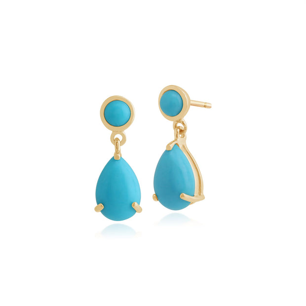 Pendentif et Boucles d'Oreilles Pendantes Classique Or Jaune 375 Turquoise Ronde et Poire
