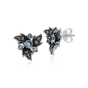 Topaze Boucles D'Oreilles, Argent Sterling Topaze Bleu & Marcassite Nouveau Floral Boucles D'Oreilles